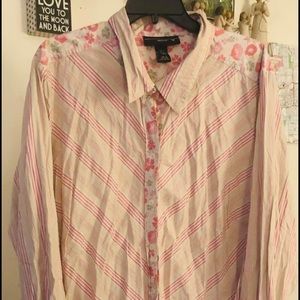 Plus Size 26/28 Lane Bryant Floral and Striped Long Sleeve Button Up